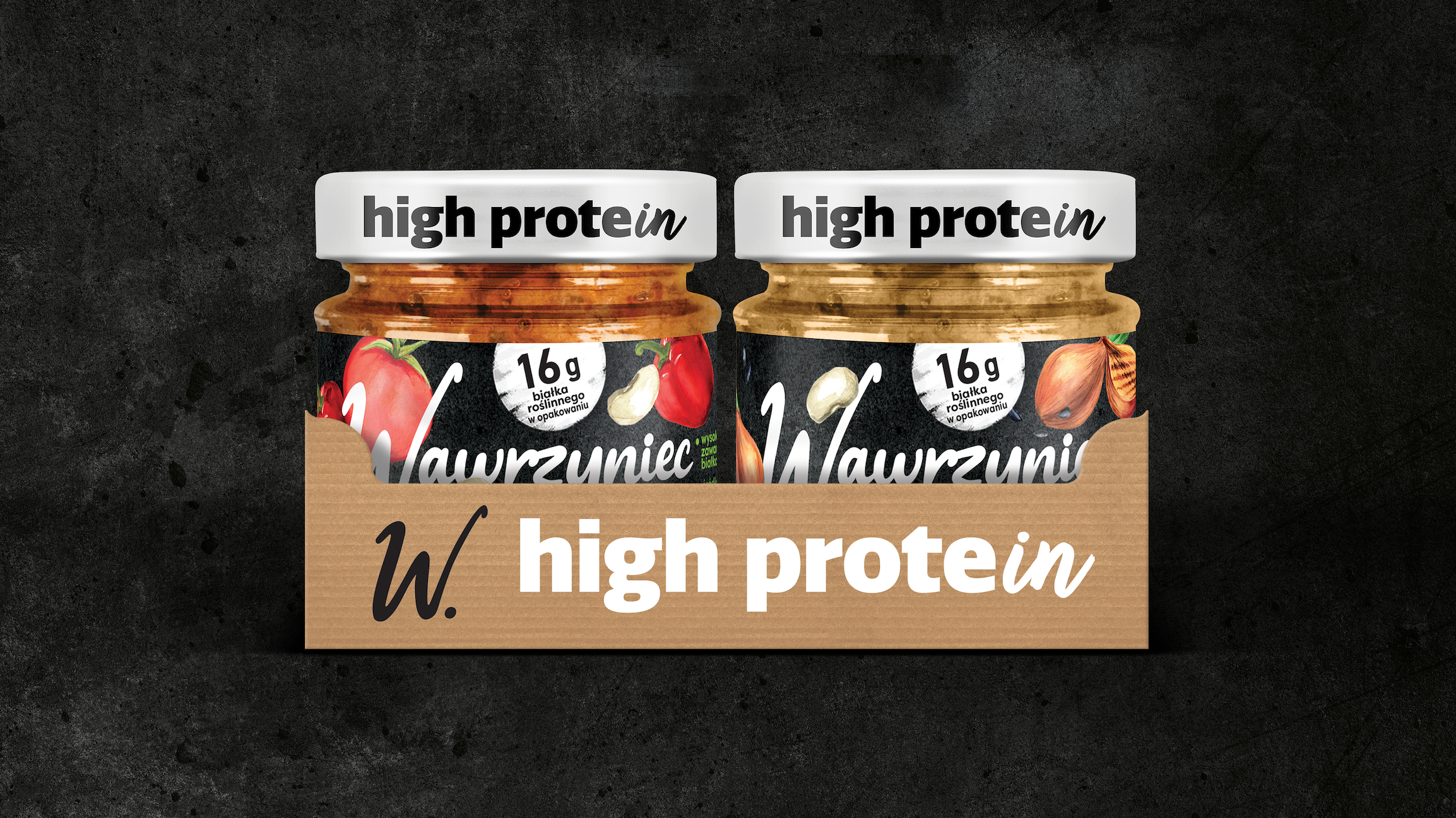 Wawrzyniec-Gläschen in einer Verpackung worauf "high protein" steht