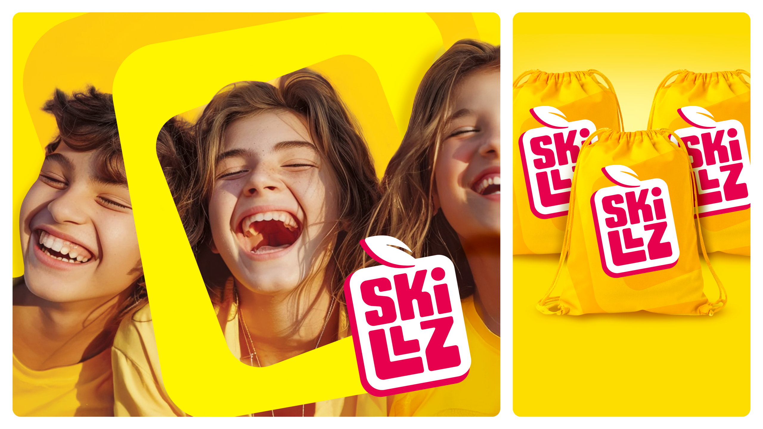Skillz Werbung. Links 3 Menschen/Kinder, rechts 3 Skillz Packungen